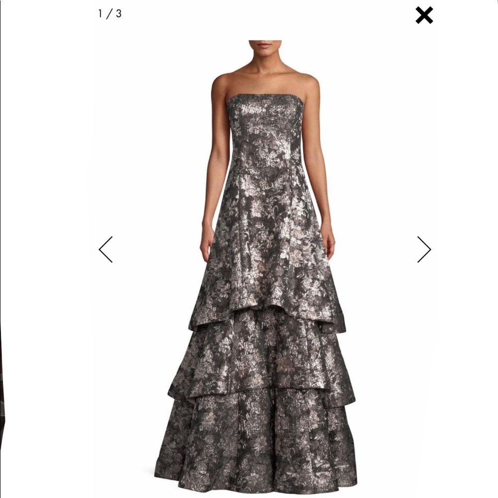 Strapless Tiered Metallic Jacquard Evening Gown